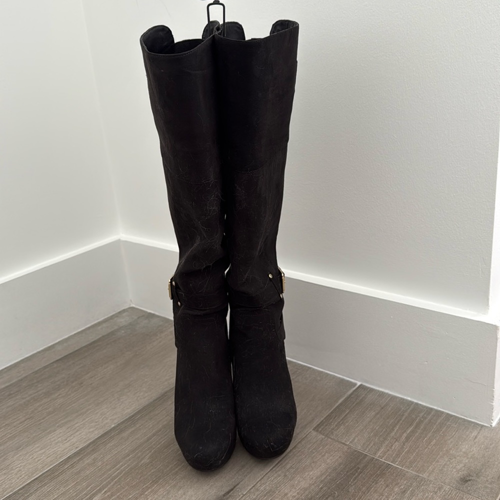 G BY GUESS BLACK SUEDE KNEE HIGH STILETTO BOOTS